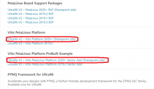 Vitis PetaLinux Platform と PreBuilt Example へのリンク